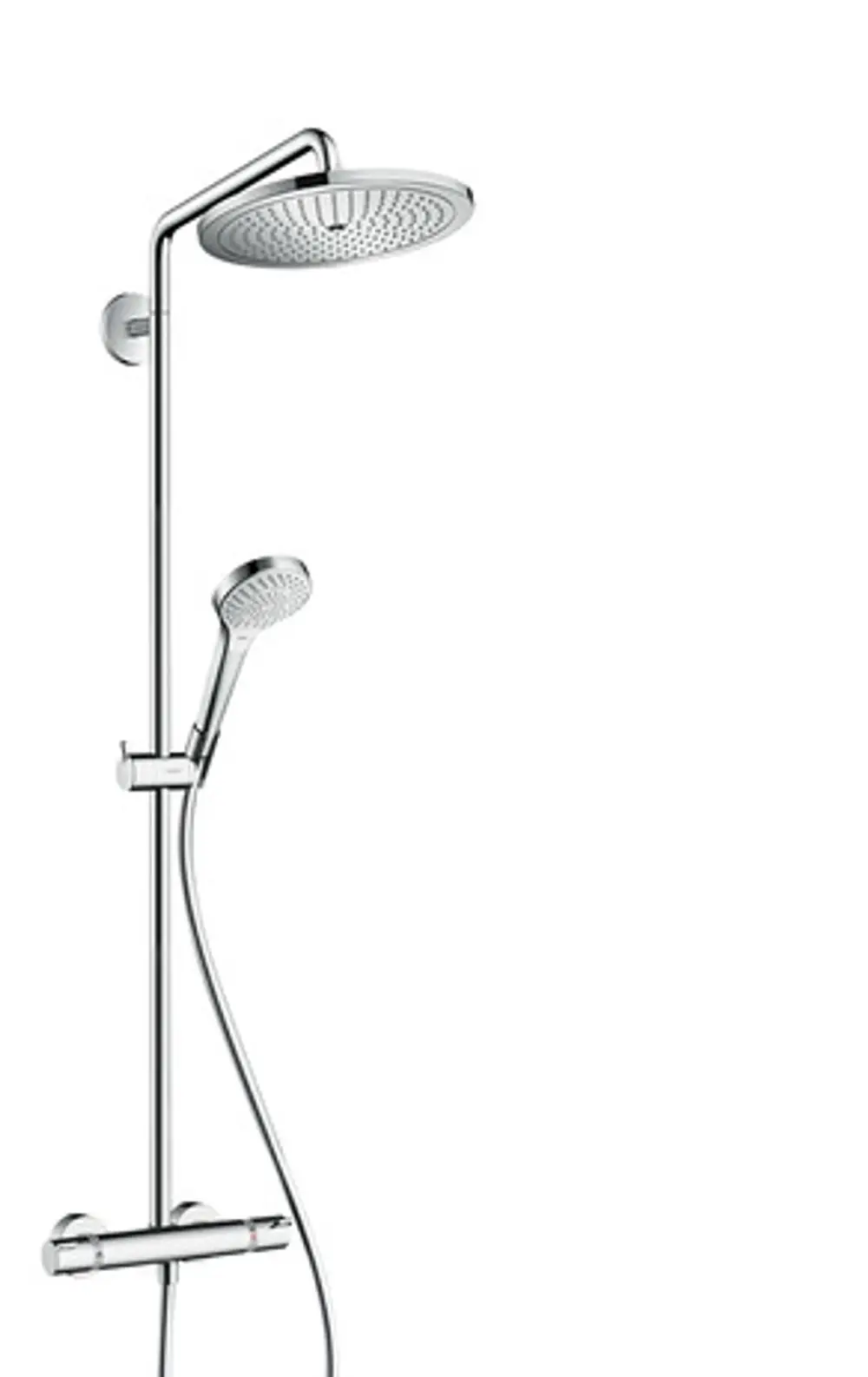 Hansgrohe Duschsystem mit overhead Dusche und Handbrause, verchromte Oberfläche, inklusive Thermostat zum regulieren der Wassertemperatur.